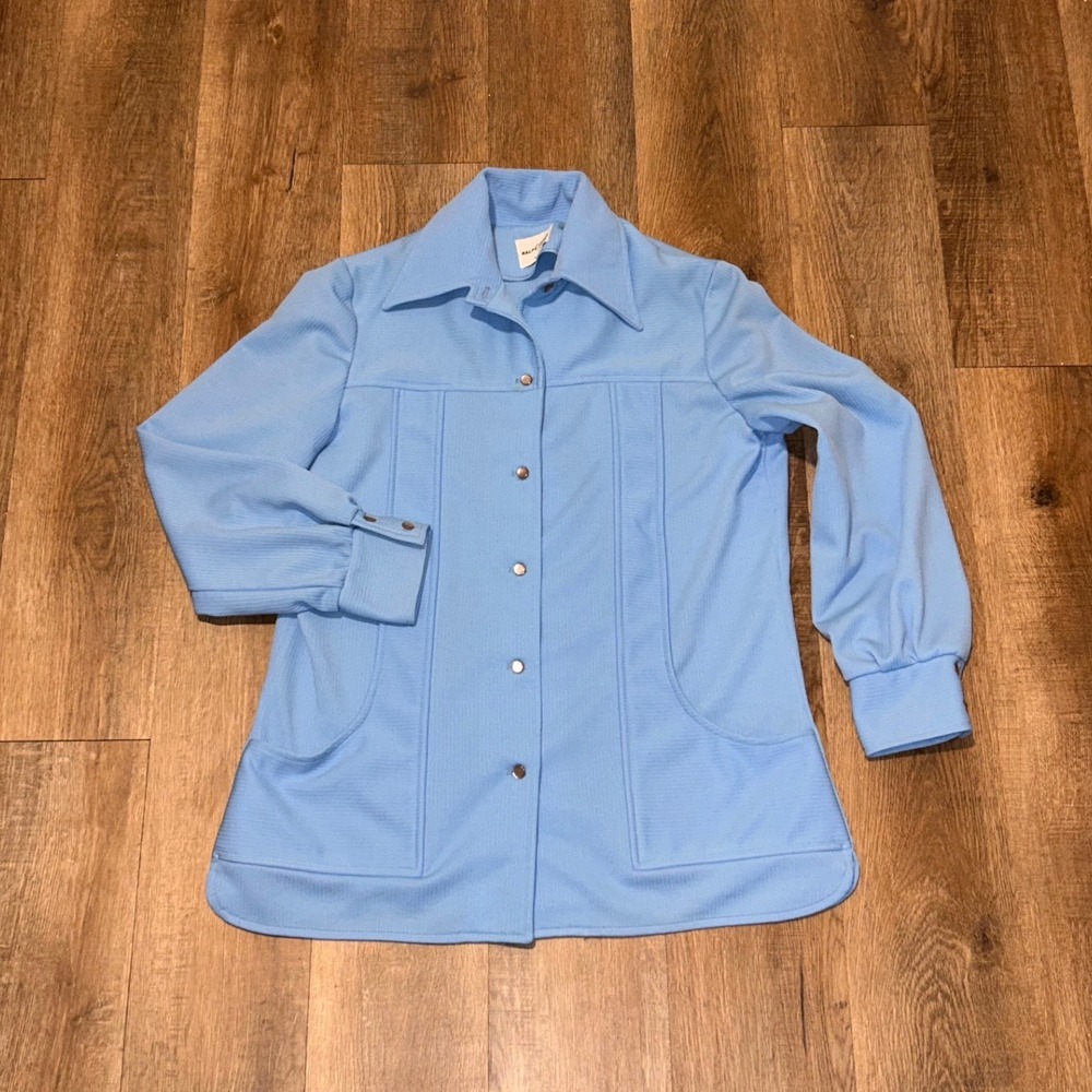 Vintage 70s Ralph Originals Blue Secretary Blouse Knit Button Up Top RN 18962